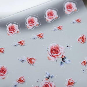 Self-adhesive 3D nail art stickers featuring realistic red rose and floral designs