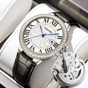 Men's automatic mechanical watch with diamond bezel, sunray dial and black leather strap