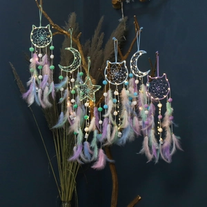 Handmade Dreamcatcher Feather Wall Hanging Ornament Macaron Cat Moon Star Shape Boho Bedroom Nursery Decor Gift