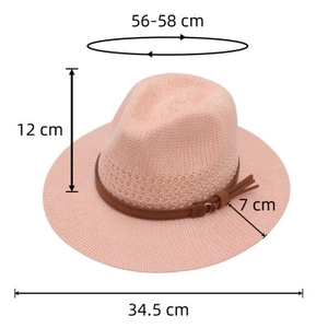 Detailed dimensions of pink woven straw hat with brown leather band and tassel detail