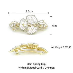 Elegant white crystal butterfly spring hair clip with zircon rhinestones in gold alloy