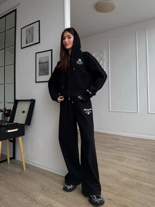 Sweat À Capuche Zippé Et Pantalon De Jogging Coton Oversize Streetwear Brodé Taille Haute Sport Décontracté