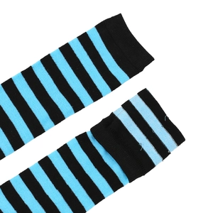 Detail of blue and black striped knee-high cotton socks with close-up on knit texture