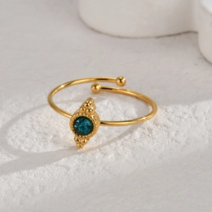 14K gold plated stainless steel ring featuring a round teal natural stone with beaded border