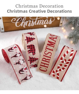 Detail view of festive linen Christmas ribbons featuring deer, Santa, and holiday patterns