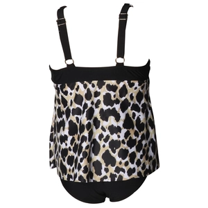 Rear view of two-piece tankini swimsuit featuring leopard print panels and adjustable straps