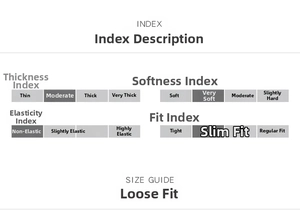 Size guide and product index showing thickness softness and slim fit of the printed dress