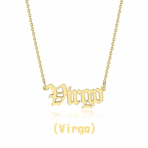 Detailed close-up of a gold Virgo zodiac sign pendant on a delicate link chain necklace
