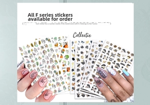 Detail view of F series white flower nail stickers with tropical plants and fruit patterns
