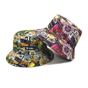 Reversible Bucket Hat Polyester Canvas Letter Graffiti Print Streetwear Retro Sunshade Outdoor Basin Cap For Men Women