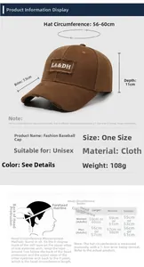 Size guide for vintage baseball cap showing 7.5cm brim and 56-60cm head circumference