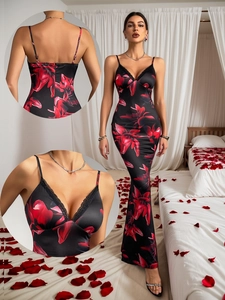 Elegantes Langes Trägerkleid Mit Blumendruck V Ausschnitt Spitzenbesatz Satin Bodycon Vintage Party Abendkleid Damen