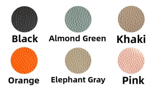 Farbmuster aus Leder mit Litschistruktur in Schwarz, Grün, Khaki, Orange, Grau und Rosa