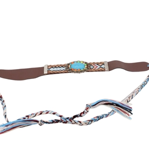 Detail of bohemian brown leather hat band with woven cord and blue turquoise stone