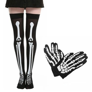 Halloween set with black skeleton bone print over-the-knee socks and matching short gloves