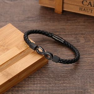 Men's black braided leather bracelet featuring infinity symbol and magnetic clasp