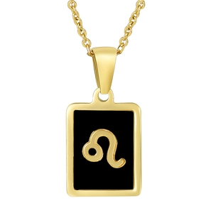 Detail of 18K gold plated stainless steel Leo zodiac pendant with black enamel finish