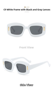 Front and 45-degree angle view of retro white oversized sunglasses with gray lenses