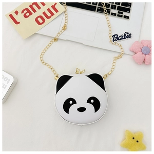 Close-up of cute panda cartoon design on white crossbody bag with gold chain strap