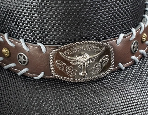 Dettaglio cappello cowboy nero con fascia in pelle e fibbia metallica a testa di toro