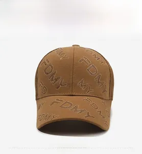 Detailed front view of brown mesh baseball cap with rhinestone FDMY letter design
