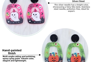 Detail of Halloween acrylic earrings featuring pink ghost and green pumpkin designs