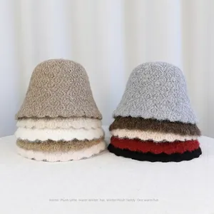 Plush knitted bucket hats in multiple colors with wavy texture for autumn winter