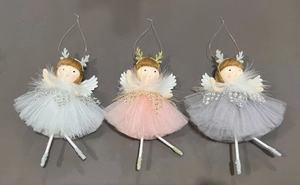 Three-piece Christmas angel hanging ornaments in white, pink and gray mesh with antlers