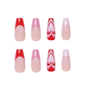 French tip coffin fake nails with red and pink layered heart patterns for manicure