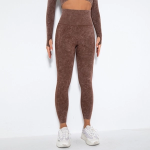 Detail of coffee brown acid wash seamless yoga set with high waist and thumb holes