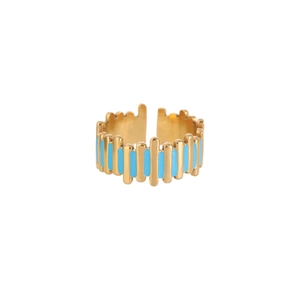 18k gold plated stainless steel open ring with sky blue enamel vertical stripes design