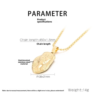 Detailed size chart for 18K gold stainless steel Jesus pendant with bead chain