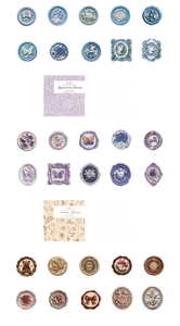 Macro shot of relief stickers with butterfly and flower designs in vintage postal style