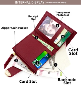 Internal display of burgundy tri-fold wallet showing card slots and ID window