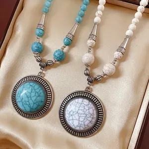 Bohemian Ethnic Style Round Stone Pendant Necklace Retro Alloy Beaded Chain Vintage Jewelry Gift For Women