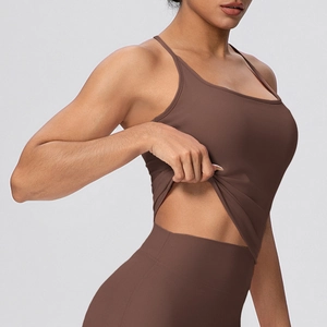 Detail of coffee brown yoga set showing high-elasticity fabric texture and slim fit