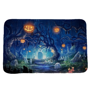 Halloween bath mat featuring pumpkin lantern and spooky castle on soft flannel surface