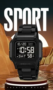 Detail view of the SKMEI sports watch showing the digital display and 50M waterproof rating