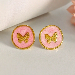 French vintage round enamel butterfly stud earrings with textured pink finish and gold edges
