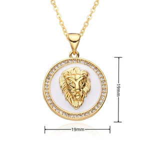 Detailed view of a 19mm gold lion head pendant with a diamond halo on a chic chain