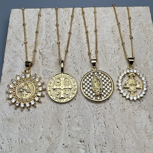 Religious Pendant Necklace Copper 18K Gold Plated Zircon Virgin Mary St Benedict Fashion Jewelry For Women