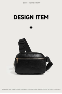 Detail of black lychee grain PU leather waist bag with gold zipper and adjustable strap