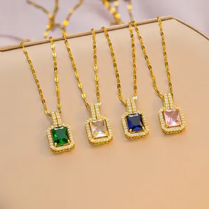 Elegant gold titanium steel necklaces with rectangular emerald, blue, pink, and white pendants
