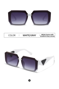 Detail view of retro white square sunglasses featuring gradient lenses and metal accents