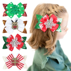 Christmas Hair Clips Glitter Ribbon Bow Reindeer Snowflake Tree Kids Girls Festive Alligator Clip Accessory
