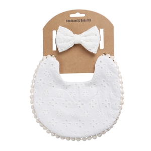 Boho Baby-Lätzchen-Set in Weiß mit hohler Stickerei und beigen Bommelkanten-Details