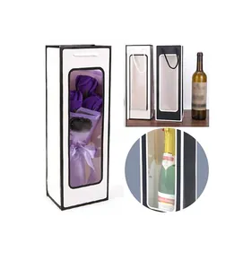 Detail view of wine gift bag with large transparent window and sturdy carry handles
