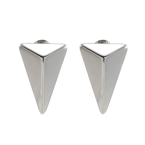 Macro view of polished silver geometric triangle stud earrings with minimalist 3D design