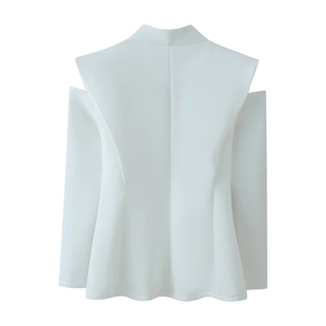 Detail view of a white slim fit blazer with structured shoulders and cutout design