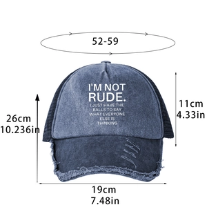 Distressed navy blue trucker hat with white text print and frayed edge detail